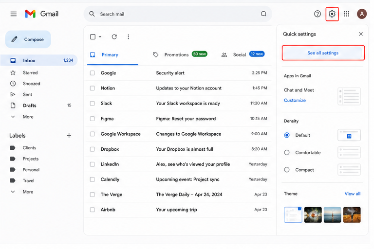 Gmail quick settings with See all settings highlighted