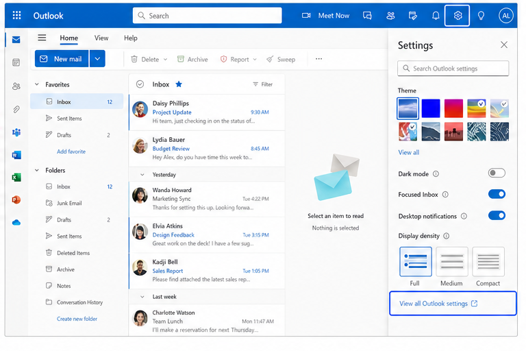 Outlook inbox with the Settings panel open
