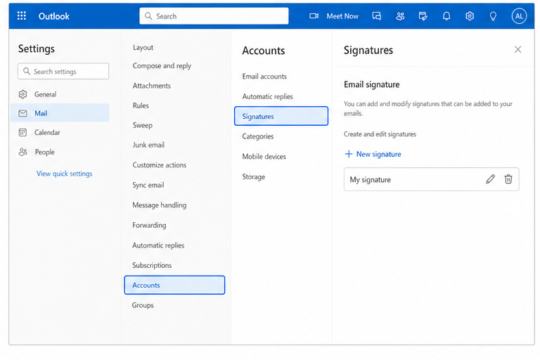 Outlook email signature settings